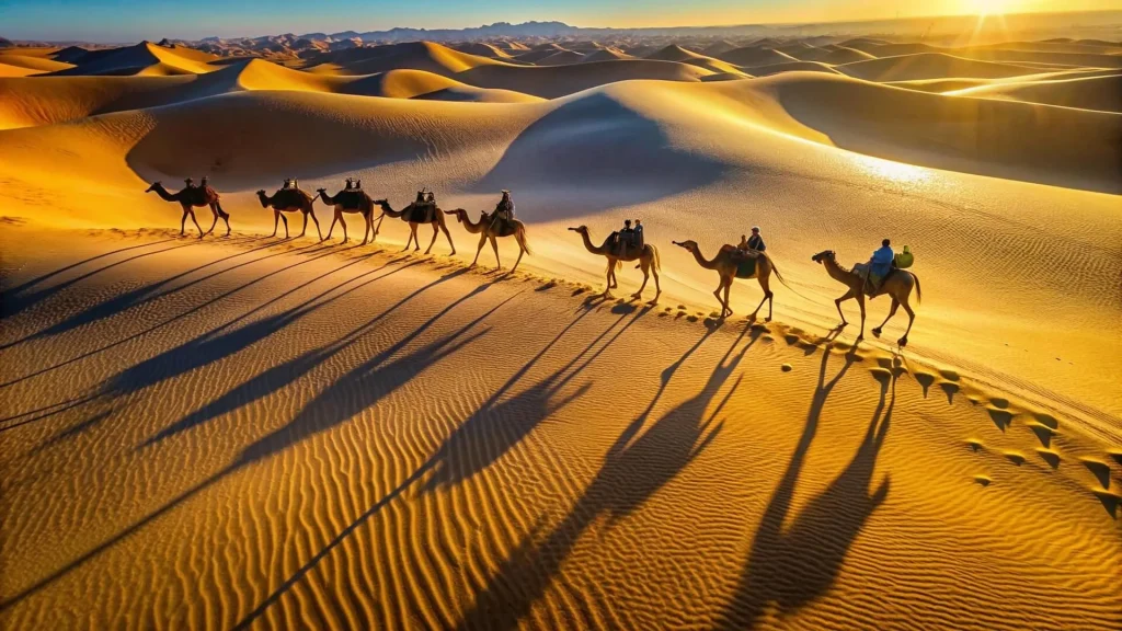 Surfing in Morocco for Beginners: A Local’s Ultimate Guide a group of people riding camels in the desert of Morocco